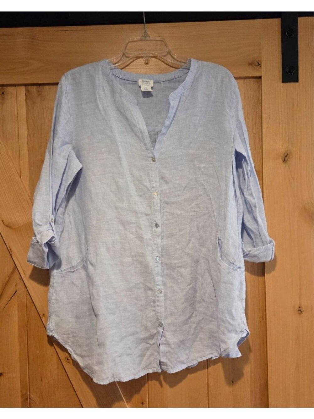 Sigrid Olsen Linen Sz M Top Button Up Pockets Roll Tab Tunic Band Collar V Neck